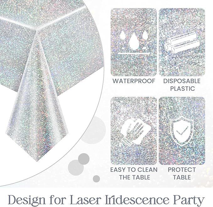 Just Shimmer Sparkling Holographic Laser Tablecloth - Shimmering, Waterproof, Easy to Clean - Ideal for Bachelorette, Birthday, Wedding, and Anniversary Party Decorations (Green & Gold & Silver, 3)