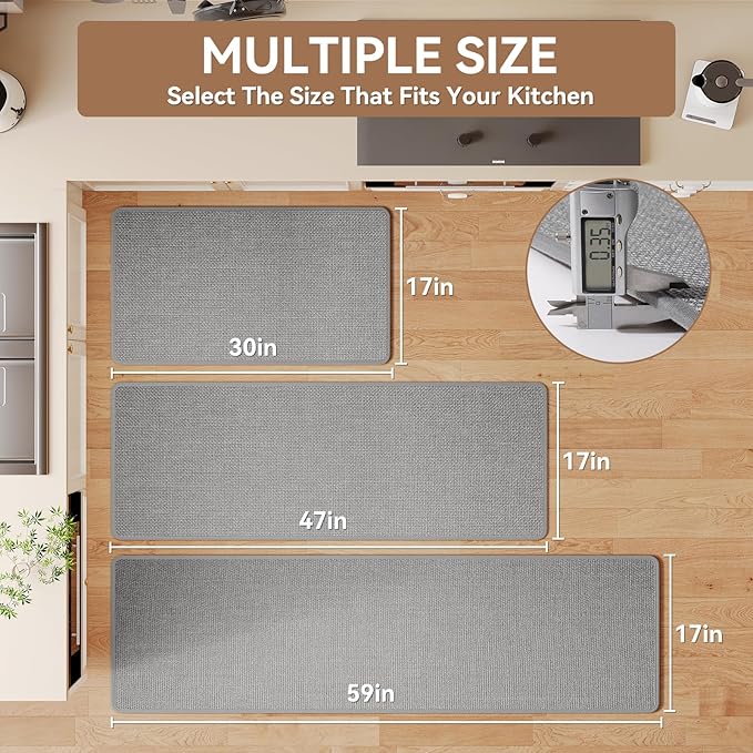 Kitchen Rugs Mat Non Slip Washable, Linen-Look 0.3" Thick Soft Cushioned Absorbent Kitchen Mats for Floor, Mild Anti-Fatigue Runner Rug Sink Mat Laundry Standing Mats, Easy Clean, Gray 17"x47"
