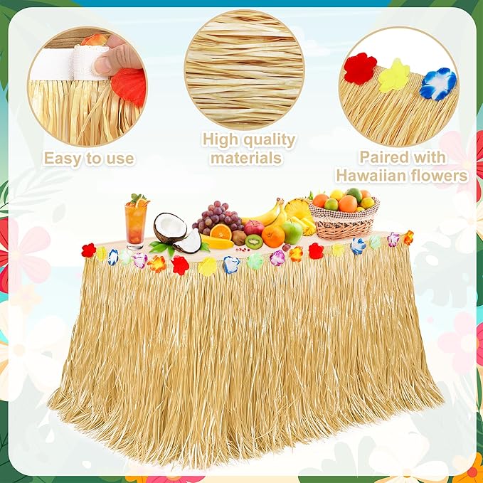 Luau Party Decorations, Natural Hawaiian Grass Table Skirt, Flower 108 X 29.5" Grass Skirts Tropical Luau Party Favors, Table Skirt for Luau Summer Tropical Indoor Outdoor Parties Decor Accessories