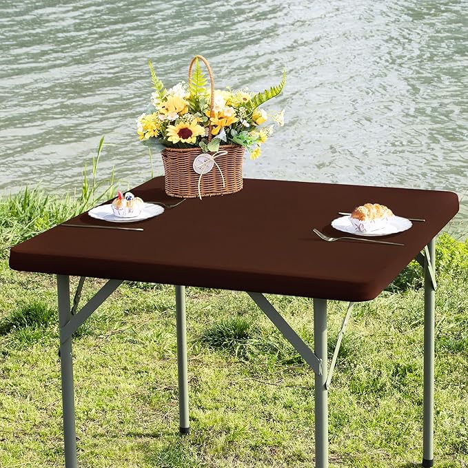 Square Fitted Table Cover Elastic Tablecloth Stretch Spandex Table Top Cover Table Topper Cap for Dining Kitchen Home Party Brown 36X36 Inch