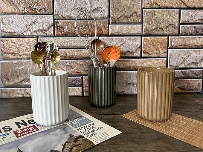 TOPYOKK Stoneware Coffee Bar Utensil Holder Tea & Coffee Spoon & Stirrer Holder for Stir Stick Straw Teaspoon Holder Spoon Cup Small Utensil Jar Fluted Vertical Stripe (Pure White)