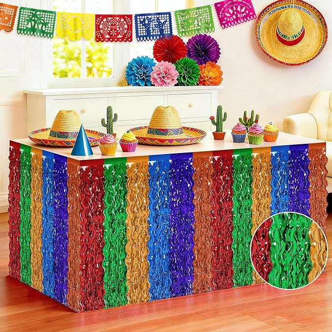 Cinco De Mayo Decorations, 2 Pack Fiesta Table Skirts Supplies for Fiesta Party Decorations, Mexican Theme Metallic Wavy Tinsel Foil Fringe Table Skirts for Photo Booth Props Birthday Table Decor