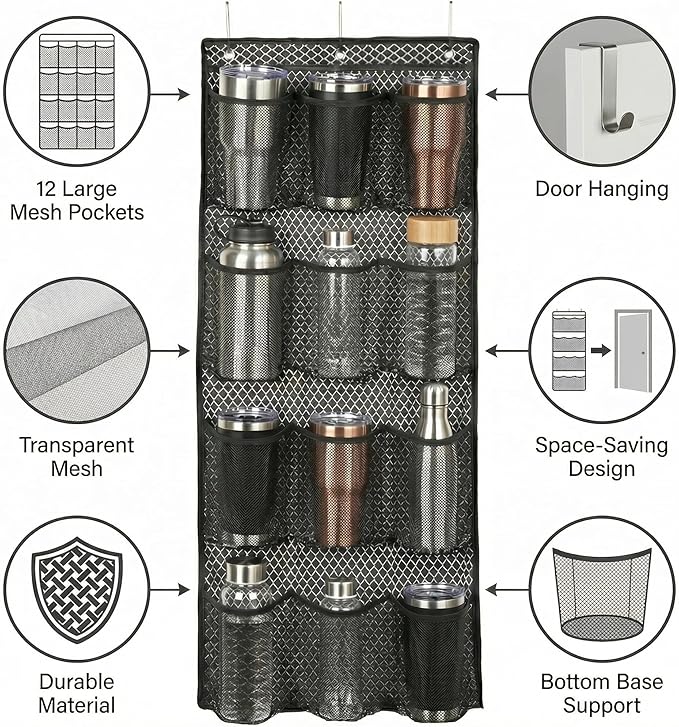 Water Bottle Organizer over the Door Cup Holder with 12 Large Pockets and Reinforced Bottom Tumbler Organizer Clear Mesh Cup Storage for Kitchen Pantry Cabinet Door Wall 41"×17"