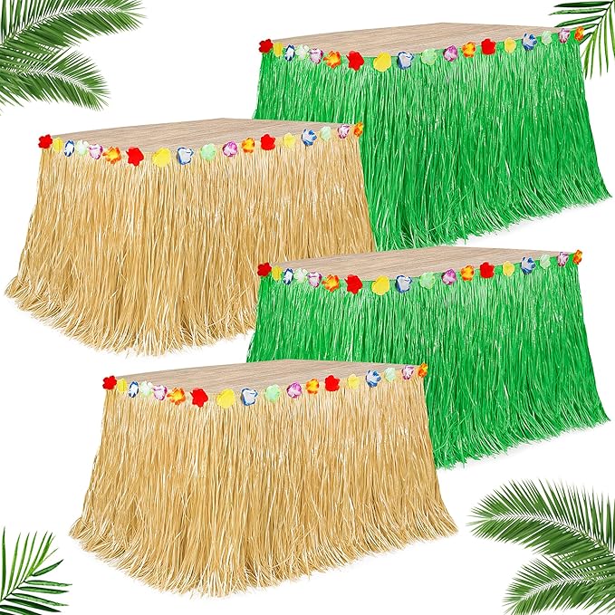 Hawaiian Table Skirt, 2PCS Gold 2PCS Green Luau Themed Grass Table Skirt Party Decorations, 108 X 29.5" Flower Tropical Hula Dance Parties Supplies, Table Skirt for Summer Beach Themed Activities