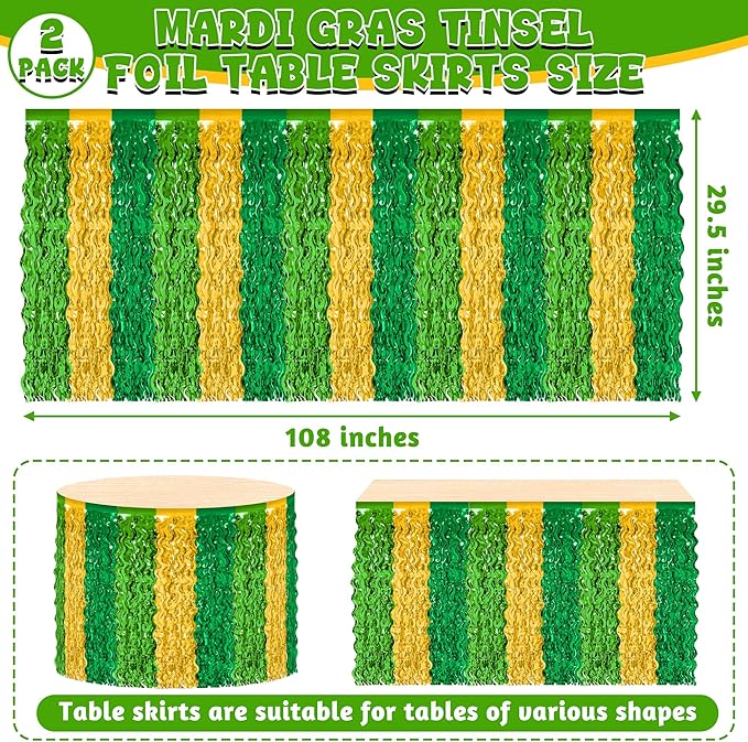 2 Pack St Patricks Day Table Skirts Decorations, Green Gold Saint PatricksTable Skirt, 29.5 x 108" Irish Decor, Metallic Wavy Tinsel Fringe Foil Grass Table Skirt for Party Event Parade Float Decor