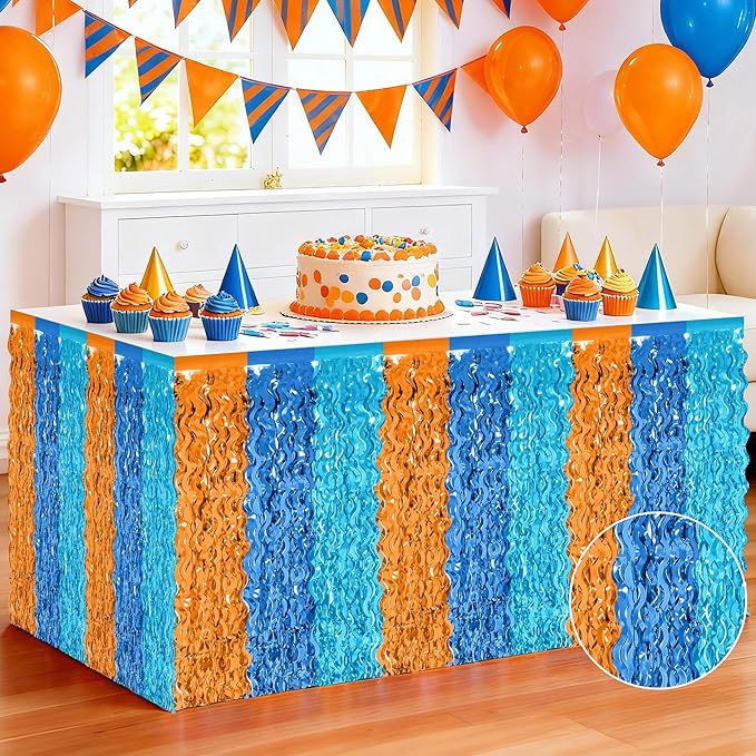 2 Pack Table Skirt, Blue Orange Grass Skirt for Table, Metallic Wavy Tinsel Foil Fringe Desk Skirts, Blue Orange Foil Table Skirt for Birthday Indoor Party Decorations