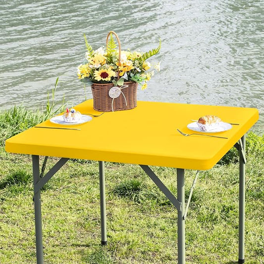 Square Fitted Table Cover Elastic Tablecloth Stretch Spandex Table Top Cover Tables Topper Cap for Dining Kitchen Home Party Yellow 36X36 Inch