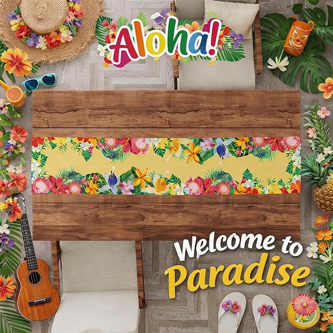 Luau Party Decorations - Hibiscus Palm Leaf Table Runner | Hawaiian Theme Party Decorations for Summer Beach Pool Birthday - Tropical Decor Party Favors Supplies for Home Kitchen Dining