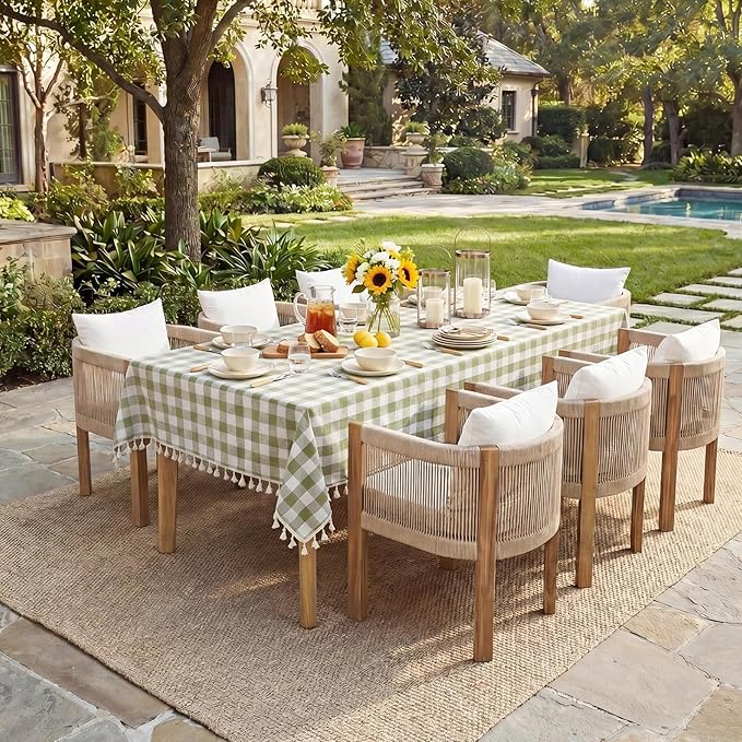 Softalker Outdoor Checkered Tablecloth Rectangle, Spring Summer Linen Cotton Gingham Table Cloth with Tassel, Heavy Duty Wrinkle Free Buffalo Plaid Table Cover for Picnic Camping - 55 x 70 Inch, Sage