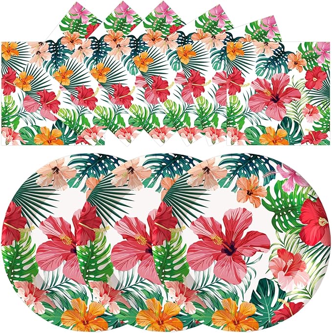 50PCS Hawaiian Luau Paper Plates and Napkins Party Decorations, 7inch Disposable Tropical Dessert Plates Summer Napkins Palm Leaves Hibiscus Tableware Set Aloha Party Supplies for Hawaii Summer