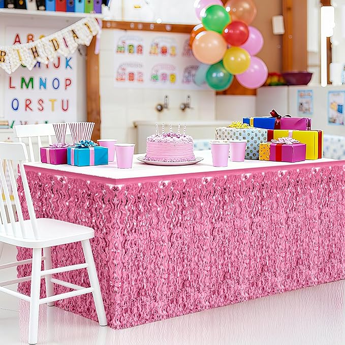 Valentines Day Table Skirt Decor, 2 Pack Pink Foil Grass Table Skirt, Metallic Wavy Tinsel Foil Fringe Table Skirts, Table Skirts for Wedding Birthday Graduations Valentines Day Parade Party