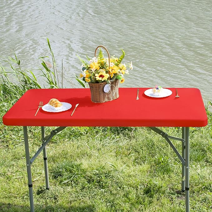 Rectangle 4ft Fitted Table Cover Elastic Tablecloth 4ft Stretch Spandex Table Top Cover for Dining Kitchen Home Party Red 23X48 Inch