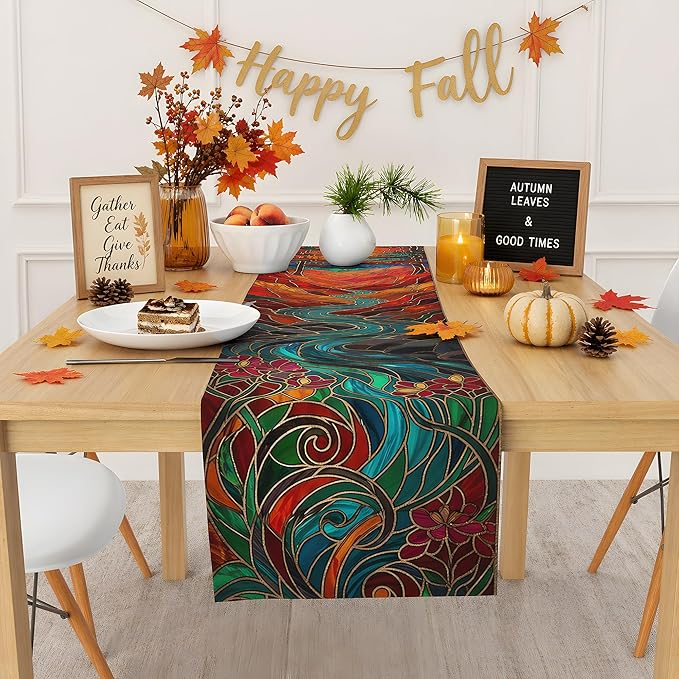 Fall Decor - Stained Glass Table Runner | Fall Decorations for Home | Thanksgiving Table Decor Accessories for Indoor & Outdoor Party Supplies, Thanksgiving Gifts