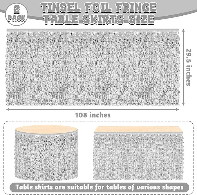2 Pack Silver Desk Skirt, Metallic Grass Skirt for Table, Birthday Wavy Tinsel Foil Fringe Table Skirts, Foil Table Skirts for Christmas Wedding Birthday Indoor Party Celebrations Decor