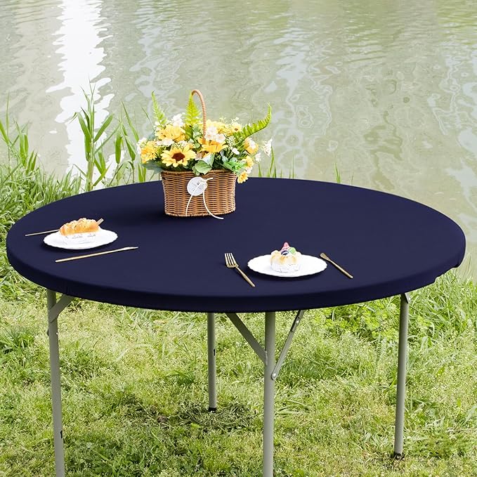 Round Fitted Table Cover Elastic Tablecloth 5ft Stretch Spandex Table Top Cover for Dining Indoor Outdoor Party Navy 60 Inch