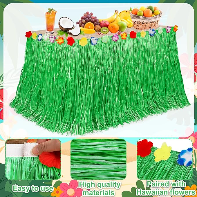 Hawaiian Party Table Decorations, 1PCS Green Luau Party Table Skirt Decorations, 108 X 29.5" Grass Skirts Luau Party Favors, Luau Table Skirt for Summer Tropical Hula Parties Decor Accessories