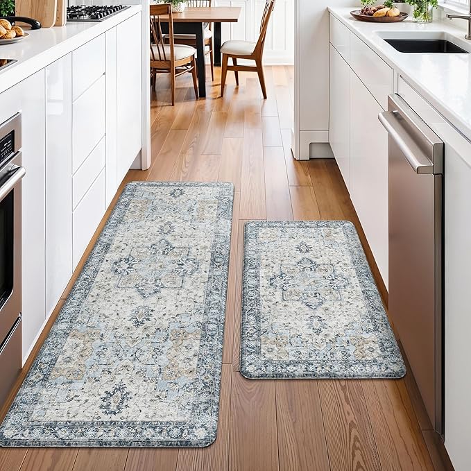 GENIMO Kitchen Mats for Floor 2PCs, Washable Anti Fatigue Mat for Cushioned, 20"x48"+20"x32", Waterproof Kitchen Rugs, Non Slip Comfort Standing Mat Rug for Home, Sink, Laundry, Light Blue