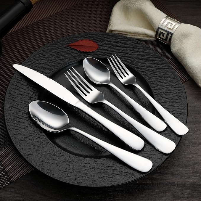 Amazon Basics Silverware Set, Stainless Steel Flatware, Dishwasher Safe, Service for 4, 20-Piece Forks and Spoons, Round Edge, Everyday Use (Pack of 2)