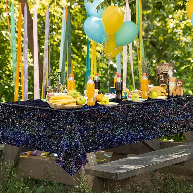 Blue & Black Holographic Tablecloth 40" x 108" Hot Pink Party Decoration Valentine's Day Birthday Party Table Decor Iridescence Plastic Table Cloth for Baby Shower Halloween Party Supplies
