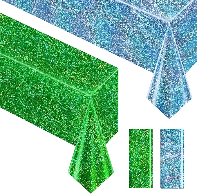 Just Shimmer Sparkling Holographic Laser Tablecloth - Shimmering, Waterproof, Easy to Clean - Ideal for Bachelorette, Birthday, Wedding, and Anniversary Party Decorations (Blue & Green, 2)