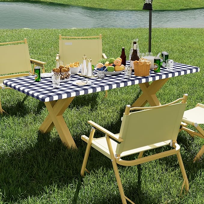 Smiry Picnic Table Cloth 2 Pack, Waterproof Elastic Fitted Tablecloths for 24x48 Rectangle Tables, Washable Polyester Buffalo Plaid Tablecloth for Camping, Dining & Outdoor (Navy & White, 24" x 48")