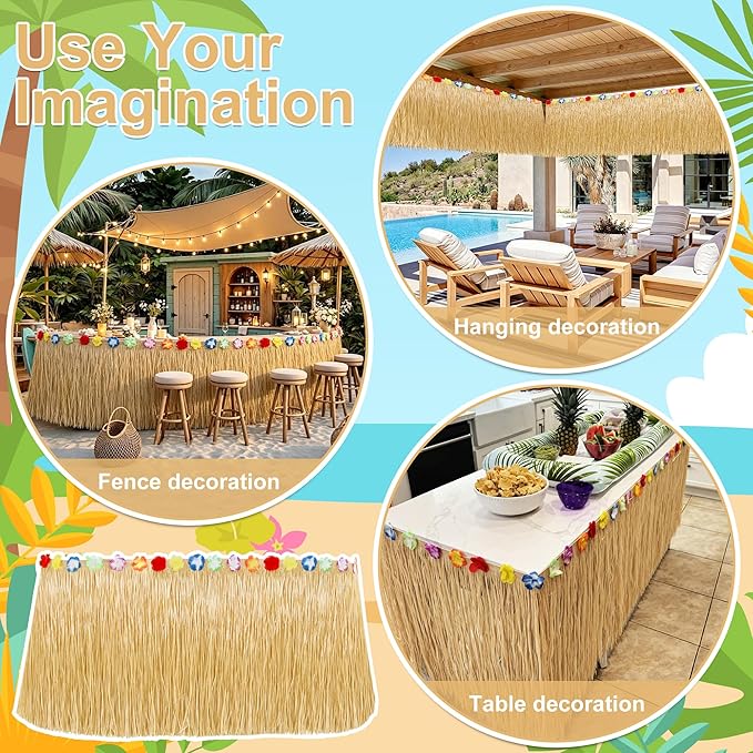 Luau Party Decorations, Natural Hawaiian Grass Table Skirt, Flower 108 X 29.5" Grass Skirts Tropical Luau Party Favors, Table Skirt for Luau Summer Tropical Indoor Outdoor Parties Decor Accessories