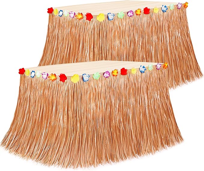 Hawaiian Themed Party Decorations, 2PCS Yellow Luau Party Table Skirt Decorations, 108 X 29.5" Table Skirt Flower Tropical Hula Dance Parties Supplies, Grass Table Skirt for Summer Beach Themed Party