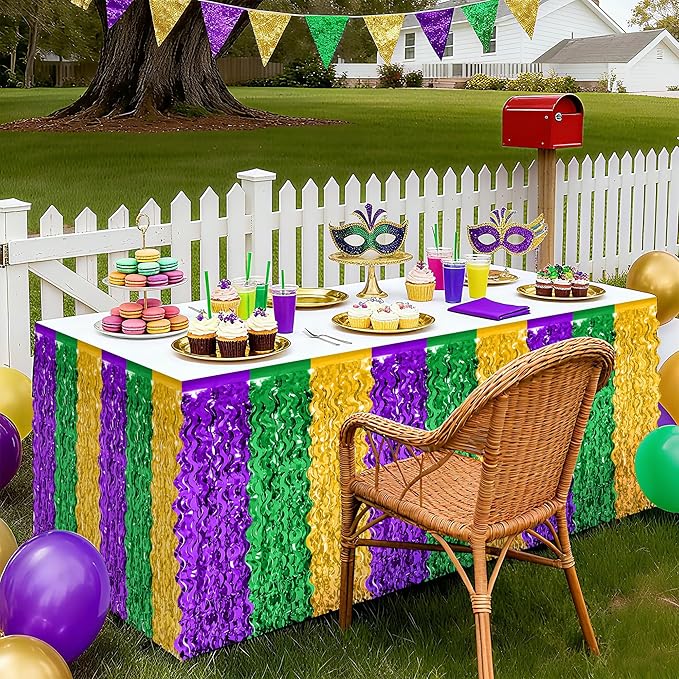 2 Pack Mardi Gras Decorations, 29.5 × 108 Inches Green Purple Gold Fringe Mardi Gras Table Skirt, Metallic Wavy Tinsel Foil Grass Table Skirt for Carnival Party Parade Decor