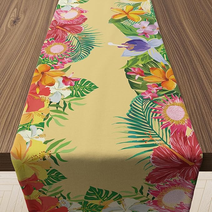 Luau Party Decorations - Hibiscus Palm Leaf Table Runner | Hawaiian Theme Party Decorations for Summer Beach Pool Birthday - Tropical Decor Party Favors Supplies for Home Kitchen Dining