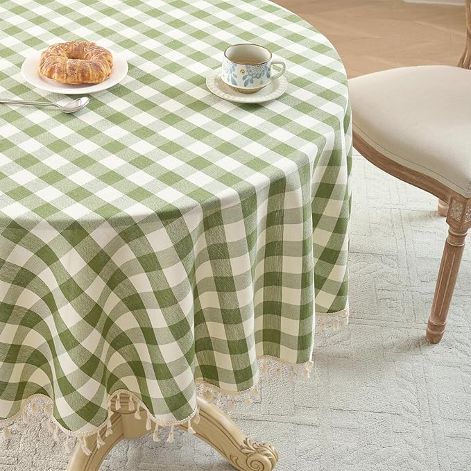 Softalker Outdoor Checkered Tablecloth 70 x 70 Inch Round, Spring Summer Linen Cotton Gingham Table Cloth with Tassel, Heavy Duty Wrinkle Free Buffalo Plaid Table Cover for Picnic Camping - Sage