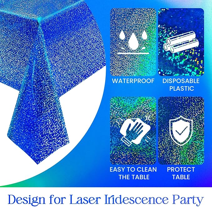 Just Shimmer Sparkling Holographic Laser Tablecloth - Shimmering, Waterproof, Easy to Clean - Ideal for Bachelorette, Birthday, Wedding, and Anniversary Party Decorations (Dark Blue & Gold, 2)