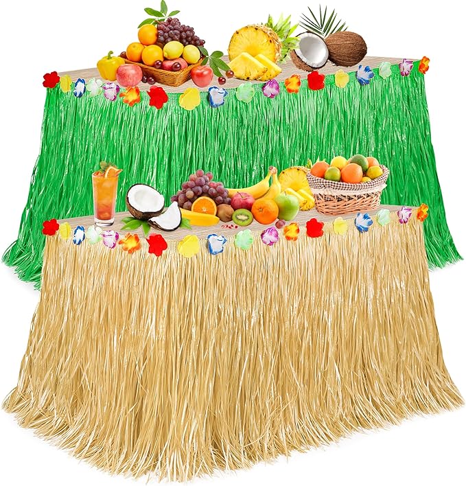 Hawaiian Table Skirt Decor, Gold Green Hawaiian Grass Table Skirt Party Decor, Luau 108 X 29.5" Flower Tropical Hula Dance Home Parties Supplies, Table Skirt Bulk for Summer Beach Themed Activities