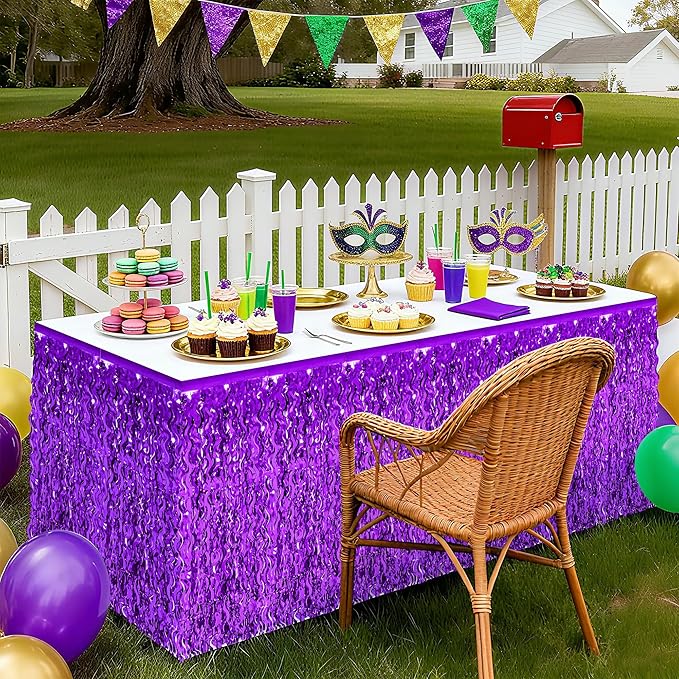 Mardi Gras Table Skirt, 2 Pack Purple Foil Grass Table Skirt, Halloween Metallic Wavy Tinsel Foil Fringe Table Skirts, Table Skirts for Halloween Graduations Mardi Gras Parade Party Decor