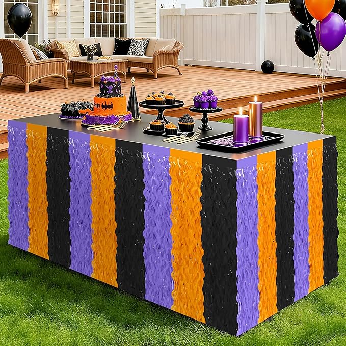 Halloween Table Skirts Decor, 2 Pack Black Orange Purple Desk Skirts Party Decorations, Halloween Wavy Tinsel Foil Fringe Table Skirts, Foil Favors for Indoor Party Backdrop Supplies