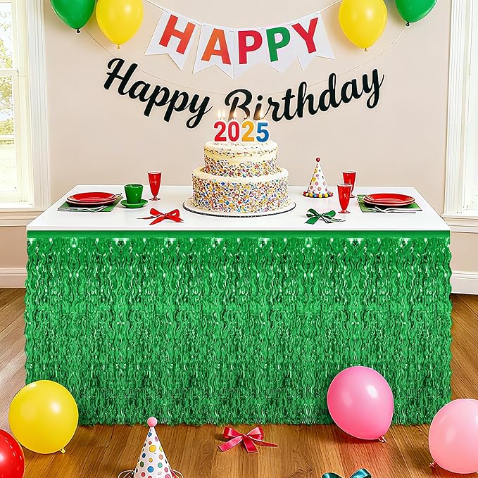 2 Pack Green Table Skirt, St Patrick's Day Foil Grass Table Skirt, Metallic Wavy Tinsel Foil Fringe Table Skirts, Table Skirts for Irish Holiday Saint Patrick Wedding Birthday Valentines Party