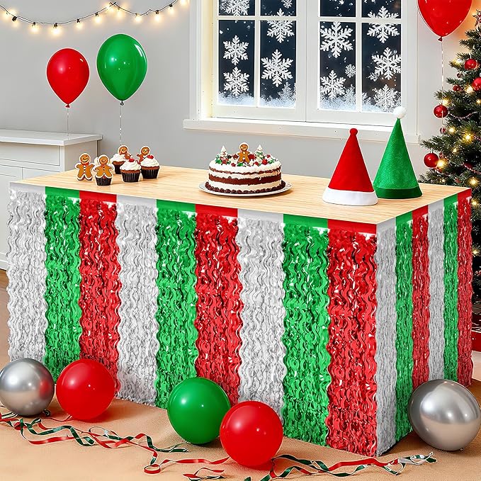 Christmas Table Skirt, 2 Pack Red Silver Green Desk Skirts Party Decorations, Metallic Xmas Wavy Tinsel Foil Fringe Table Skirts, Foil Table Skirt for Indoor Christmas Party Backdrop