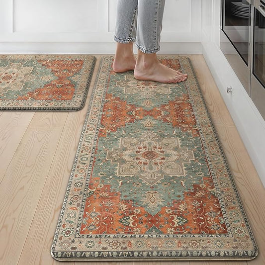 GENIMO Kitchen Mats for Floor 2PCs, Washable Anti Fatigue Mat for Cushioned, 17.3"x47"+17.3"x30", Waterproof Kitchen Rugs, Non Slip Comfort Standing Mat Rug for Home, Sink, Laundry, Multi