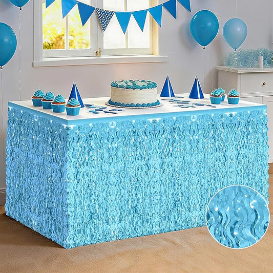 2 Pack Light Blue Table Skirt, Gender Reveal Desk Grass Skirt for Table, Under The Sea Party Wavy Tinsel Foil Fringe Table Skirts, Foil Table Skirts Oktoberfest Birthday Indoor Party Decor