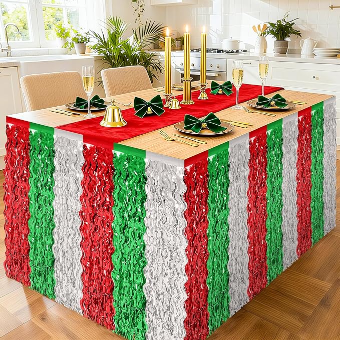 Christmas Table Skirt, 2 Pack Red Silver Green Desk Skirts Party Decorations, Metallic Xmas Wavy Tinsel Foil Fringe Table Skirts, Foil Table Skirt for Indoor Christmas Party Backdrop