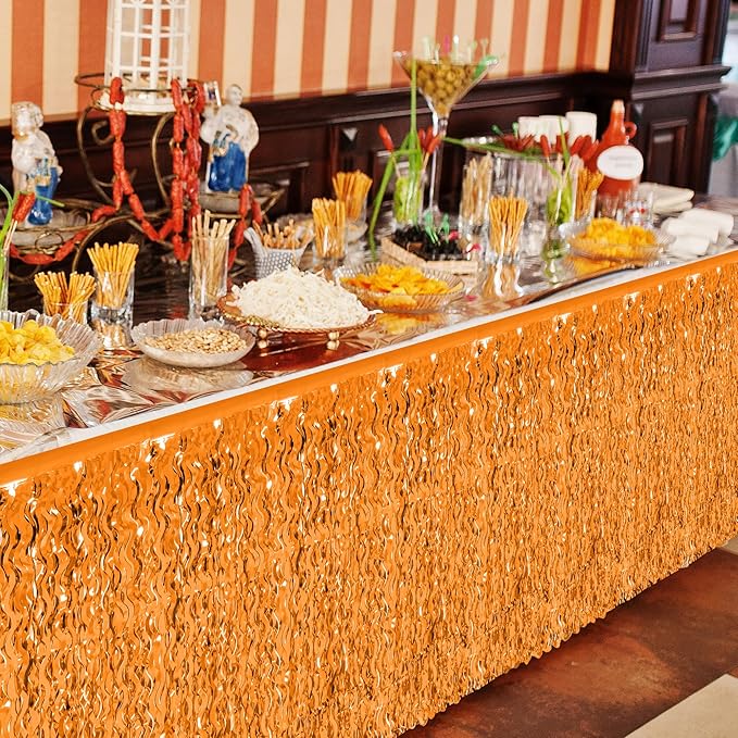 2 Pack Halloween Table Skirt Decor, Orange Fall Foil Grass Skirt for Table, Metallic Wavy Tinsel Foil Fringe Table Skirts, Table Curtain Skirts Thanksgiving Graduations Wedding Birthday Indoor Party