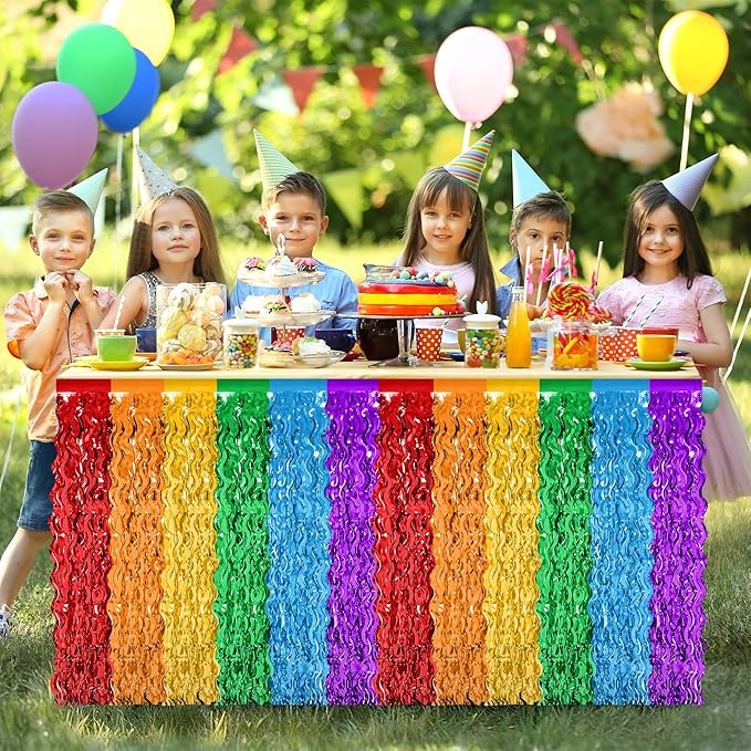 Rainbow Table Skirt, 2Pack Desk Skirts Party Decorations, Colorful Metallic Wavy Tinsel Foil Fringe Table Skirts, Lgbt Rainbow Foil Table Skirt for Birthday Pride Decorations Teacher Pride Month Decor