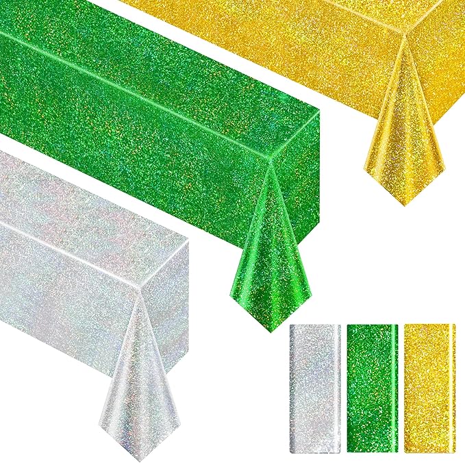 Just Shimmer Sparkling Holographic Laser Tablecloth - Shimmering, Waterproof, Easy to Clean - Ideal for Bachelorette, Birthday, Wedding, and Anniversary Party Decorations (Green & Gold & Silver, 3)