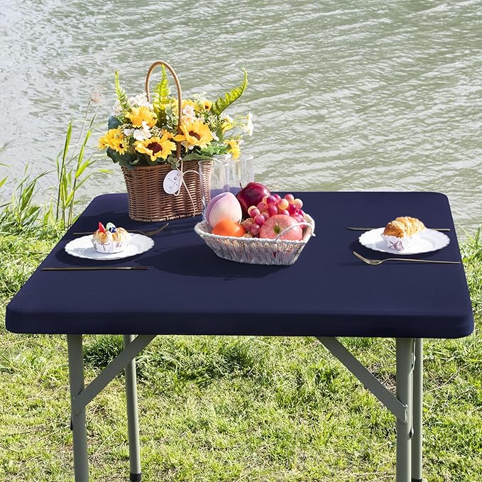 Square Fitted Table Cover Elastic Tablecloth Stretch Spandex Table Top Cover Table Topper Cap for Dining Kitchen Home Party Navy 24X24 Inch