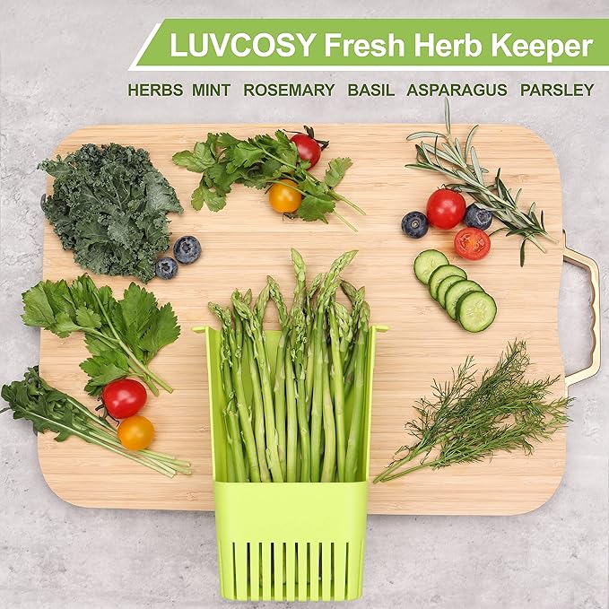 LUVCOSY Fresh Herb Keeper for Refrigerator, Clear BPA-Free Herb Saver, Storage Container for Cilantro, Parsley, Thyme, Mint & Asparagus, Preserver Keeps Fresh Herbs for 3 Times Longer, Green & Orange