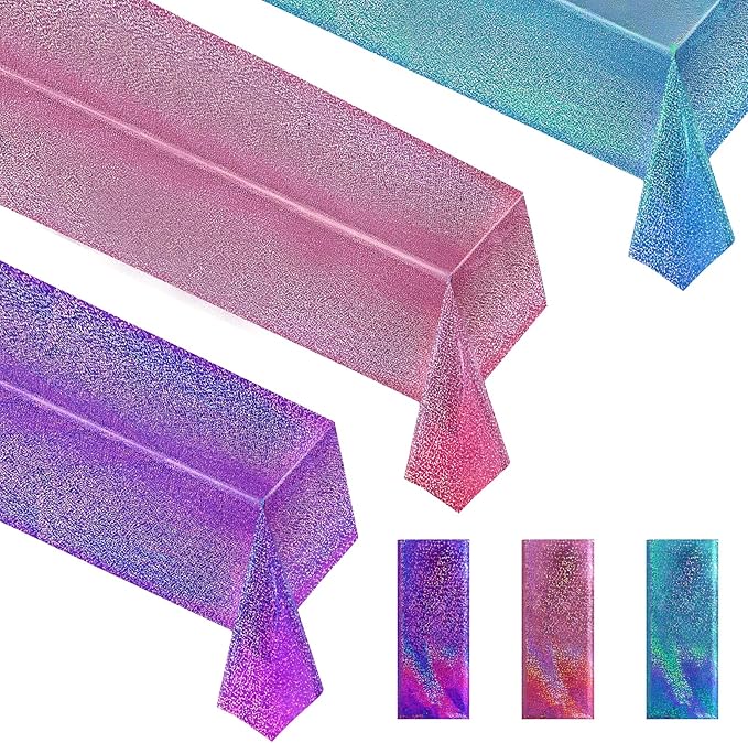Sparkling Holographic Laser Tablecloth - Shimmering, Waterproof, Easy to Clean - Ideal for Bachelorette, Birthday, Wedding, and Anniversary Party Decorations (Pink & Light Blue & Purple, 3)