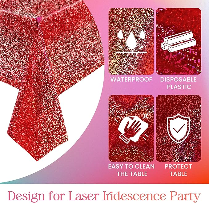 Just Shimmer Sparkling Holographic Laser Tablecloth - Shimmering, Waterproof, Easy to Clean - Ideal for Halloween, Bachelorette, Birthday, Wedding, and Anniversary Party Decorations (Red & Black, 2)