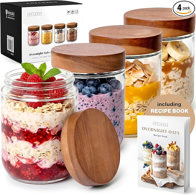 EDELHAUS Overnight Oats Containers with Lids Acacia (4 x 16oz) Glass Jars for Oatmeal, Meal Prep, Food Storage | Leak-Proof Mason Jars for Oats, Cereal, Yogurt, Chia Pudding [Thicker Glass 3mm]