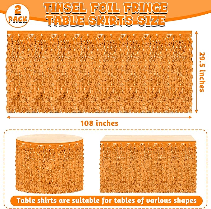 2 Pack Halloween Table Skirt Decor, Orange Fall Foil Grass Skirt for Table, Metallic Wavy Tinsel Foil Fringe Table Skirts, Table Curtain Skirts Thanksgiving Graduations Wedding Birthday Indoor Party