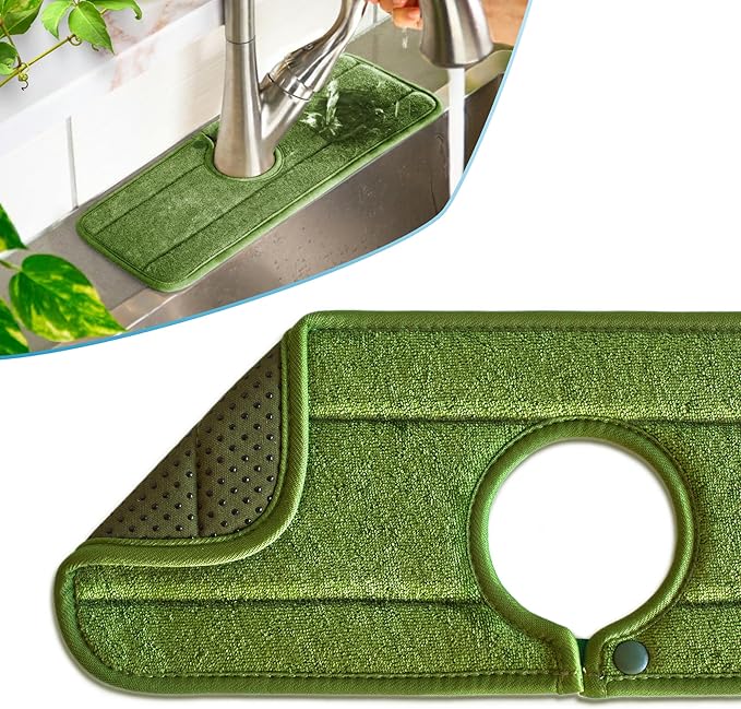 Ternal Original SINKMAT 15in Faucet Splash Guard Extra Long Microfiber Sink Drip Catcher Mat Non Slip Countertop Protector Drying Pad Kitchen Bathroom RV Machine Washable [Moss Green]