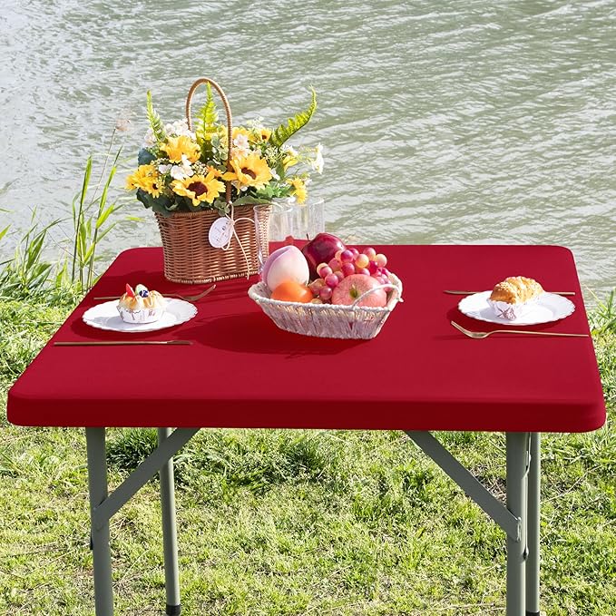 Square Fitted Table Cover Elastic Tablecloth Stretch Spandex Table Top Cover Table Topper Cap for Dining Kitchen Home Party Burgundy 34X34 Inch